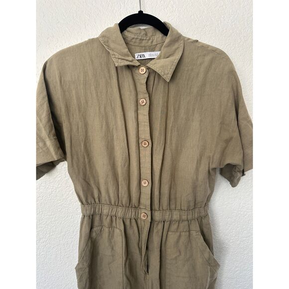 ZARA Linen Blend Olive Green Jumpsuit Size Small - Picture 3 of 7